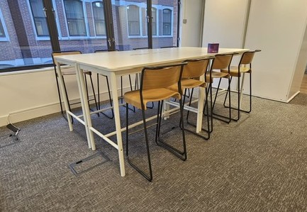 4 - BREAKOUT TABLES - WHITE - 1200 X 800 + 8 x WOODEN STOOLS PRICE- FOR THE LOT